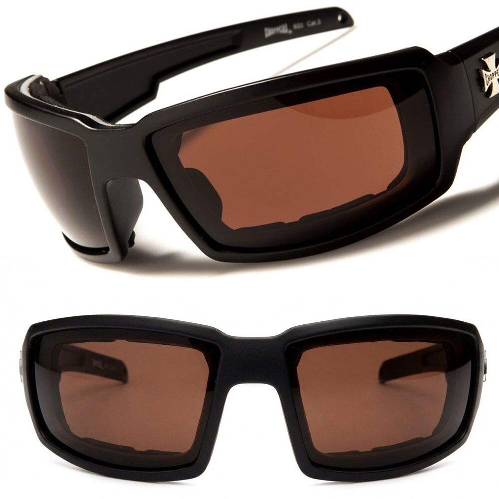 Wrap Around Shield Choppers Foam Padded Motorcycle Biker Sunglasses Brown Lens